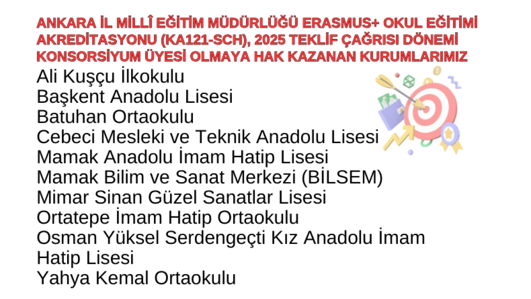 Ankara İl Millî Eğitim Müdürlüğü Erasmus+ Okul Eğitimi Akreditasyonu (KA121-SCH), 2025 Teklif Çağrısı Dönemi Konsorsiyum Üyesi Olmaya Hak Kazanan Kurumlarımız